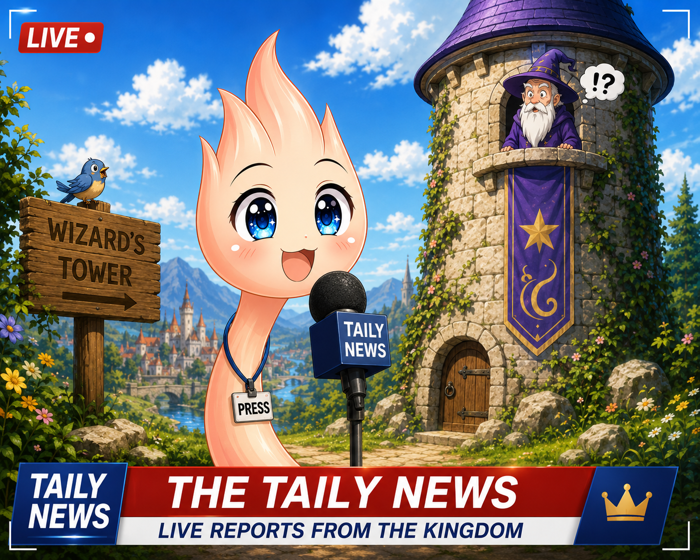 The tail reporting live outside the wizard's tower with a Taily News microphone